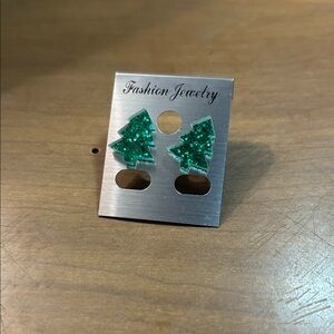 Green Glitter Christmas Tree Earrings